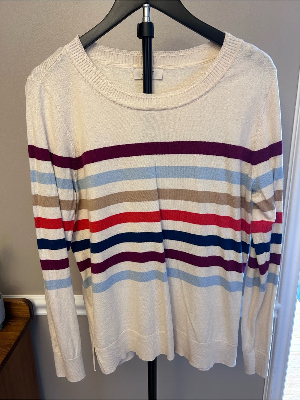 LOFT Cream Crewneck Sweater with Multicolor Stripes